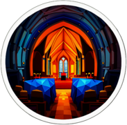 A historic cathedral where an organist plays hauntingly beautiful melodies. low poly app icon