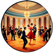 An elegant ballroom with a big band playing swing tunes, and couples dancing in vintage attire. low poly app icon