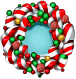 Whimsical Candy Cane Themed Wreath With Striped Ribbons And Sweets, Minimalist - Single View, Decorated With Christmas Decorations On Differenct Colours, High Detail, No Shadow