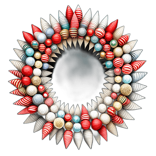 Upcycled Wreath Made From Vintage Book Pages And Old Sheet Music, Minimalist - Single View, Decorated With Christmas Decorations On Differenct Colours, High Detail, No Shadow