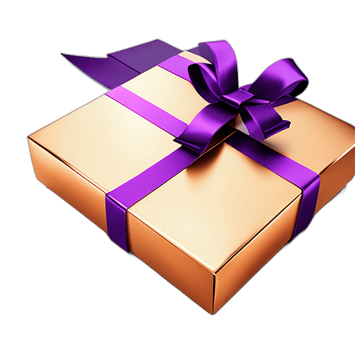 Square Box In Shiny Copper Paper With A Purple Tulle Ribbon, Minimalist - Single Christmas Present, Wrapped In Exquisite Festive Wrapping, Minimalist, No Shadow