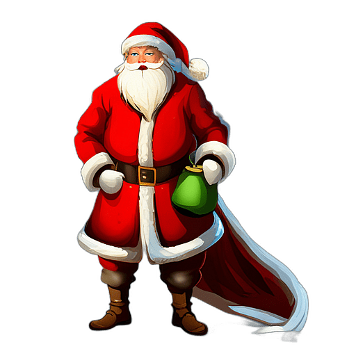 Santa Claus In A Snowy Scene, Carrying A Lantern And A Green Sack, Classic - Detailed Figure Of A Classic Santa Claus, Emphasis On Colors And Festive Attributes, Full Body Figure In The Middle Of The Frame, High Detail, White Background, No Shadow