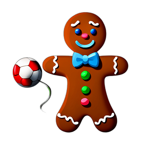 Sporty Gingerbread Man With A Soccer Ball Candy, Minimalist - Gingerbread Men, Decorated For Christmas, With Colorful Details And Icing, Single Item, No Shadow