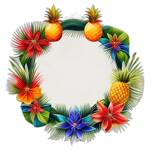 Tropical Wreath With Exotic Flowers, Miniature Pineapples, And Bright Ribbons, Minimalist - Single View, Decorated With Christmas Decorations On Differenct Colours, High Detail, No Shadow