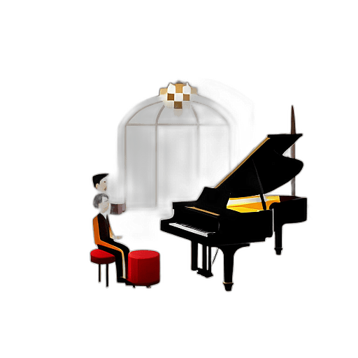 A swanky hotel lobby where a pianist plays romantic tunes on a grand piano. low poly app icon