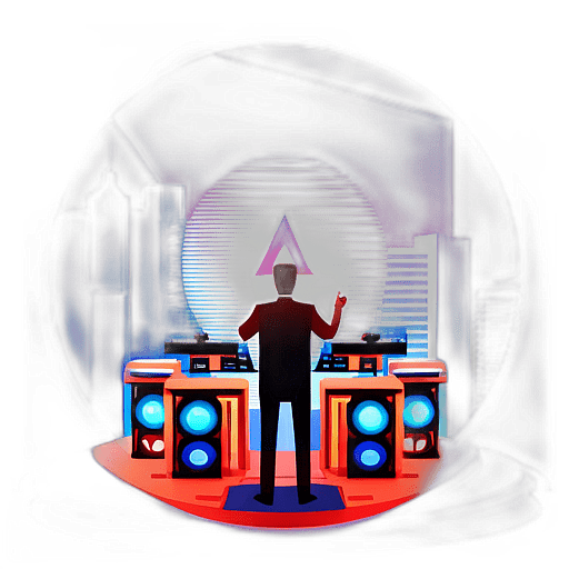 A rooftop bar in the city with a dj spinning ambient electronic beats against a skyline backdrop. low poly app icon