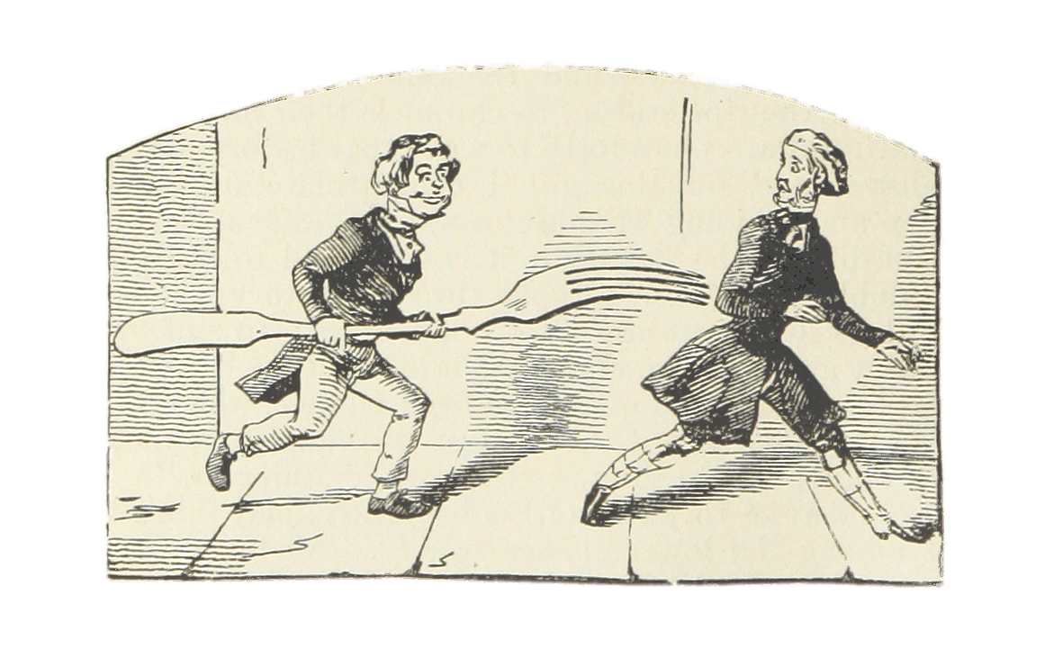 Man Chased By Another Man Holding A Giant Fork