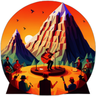 A mountain top festival with bluegrass musicians playing to a crowd in flannel and boots. low poly app icon