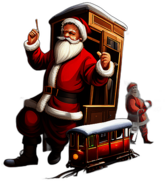 Santa Claus With A Toy Train Set, Wearing A Conductor'S Hat, Classic - Detailed Figure Of A Classic Santa Claus, Emphasis On Colors And Festive Attributes, Full Body Figure In The Middle Of The Frame, High Detail, White Background, No Shadow