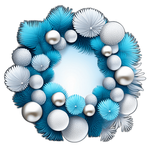 Winter Wonderland Wreath With Frosted Branches And Ice Blue Decor, Minimalist - Single View, Decorated With Christmas Decorations On Differenct Colours, High Detail, No Shadow