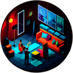 A dimly lit jazz club with the smooth sound of a saxophone filling the room. low poly app icon