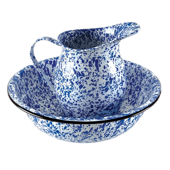 Blue Enamel Pitcher and Bowl