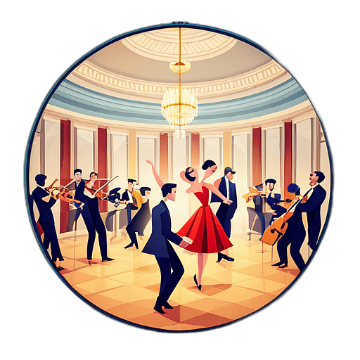 An elegant ballroom with a big band playing swing tunes, and couples dancing in vintage attire. low poly app icon