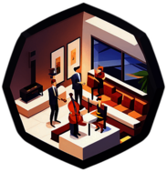 A penthouse party where a string quartet provides sophisticated background music. low poly app icon