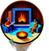 A cozy cabin where friends gather around a fireplace, singing folk songs accompanied by a banjo. low poly app icon