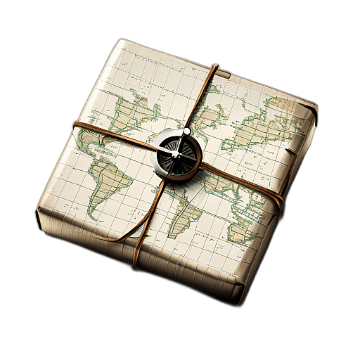 Large Gift Wrapped In A World Map Print Paper With A Compass Charm On The Ribbon, Minimalist - Single Christmas Present, Wrapped In Exquisite Festive Wrapping, Minimalist, No Shadow