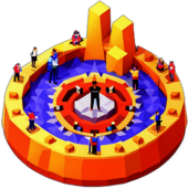 A massive arena where pop stars perform their chart-topping hits, with fans singing along. low poly app icon