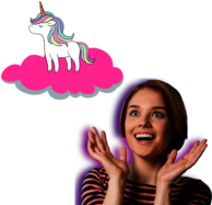 Happy Woman Surprised By A Unicorn On A Pink Fluffy Cloud