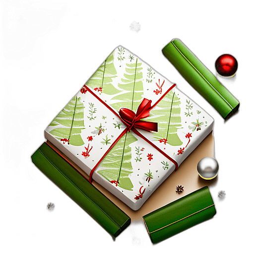 Slim, Book-Sized Gift In Reindeer Print Wrapping Paper With A Green Bow, Minimalist - Single Christmas Present, Wrapped In Exquisite Festive Wrapping, Minimalist, No Shadow