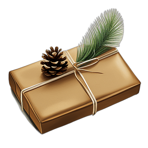 Rectangular Gift In Rustic Brown Kraft Paper With A Pine Cone And Twine Bow, Minimalist - Single Christmas Present, Wrapped In Exquisite Festive Wrapping, Minimalist, No Shadow