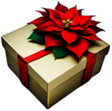 Square Box In Gold Foil Paper With A Big Red Poinsettia Flower On Top, Minimalist - Single Christmas Present, Wrapped In Exquisite Festive Wrapping, Minimalist, No Shadow