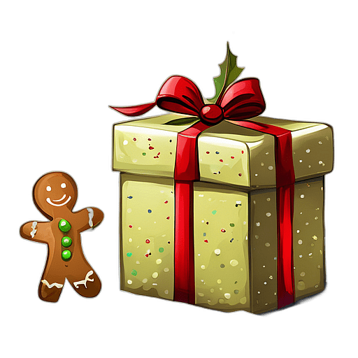 Rectangular Present In A Festive Gingerbread Man Print Paper With A Green Ribbon, Minimalist - Single Christmas Present, Wrapped In Exquisite Festive Wrapping, Minimalist, No Shadow