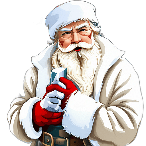 Santa Claus In A White Suit, Inspired By A Snowy Christmas, Classic - Detailed Figure Of A Classic Santa Claus, Emphasis On Colors And Festive Attributes, Full Body Figure In The Middle Of The Frame, High Detail, White Background, No Shadow
