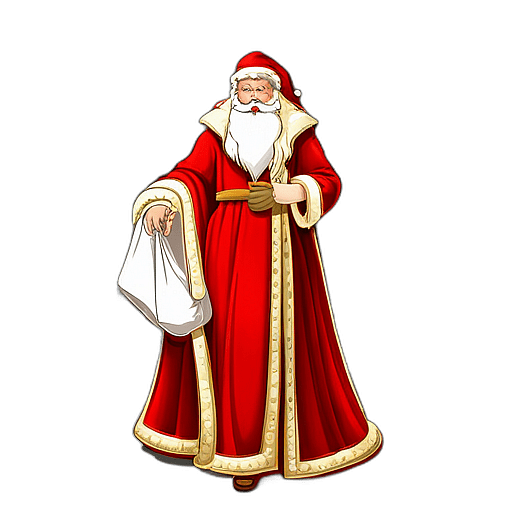 Vintage Santa Claus In A Long Red Robe With Golden Trim, Classic - Detailed Figure Of A Classic Santa Claus, Emphasis On Colors And Festive Attributes, Full Body Figure In The Middle Of The Frame, High Detail, White Background, No Shadow