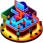 A neon-lit karaoke bar where friends cheer each other on as they sing their favorite hits. low poly app icon
