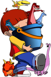 Harry Carrying His Bucket Full Of Dinosaurs