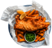 Fish and Chips With Slices Of Lemon and Pea Mash