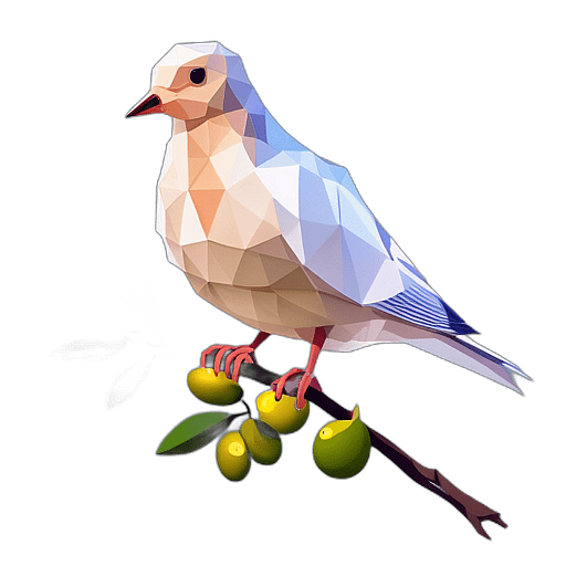 Dove On A Perch, Resting, With An Olive Branch Beside., In The Style Of A Cartoon Animation Character - Full Body, Single View, No Shadow